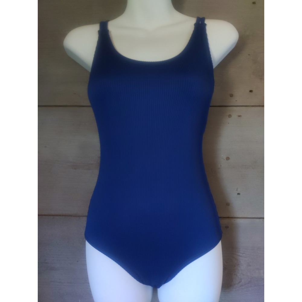 Okami Youth Navy Blue Rib Pattern Sport Criss Cross Back Full Swimsuit Size 16